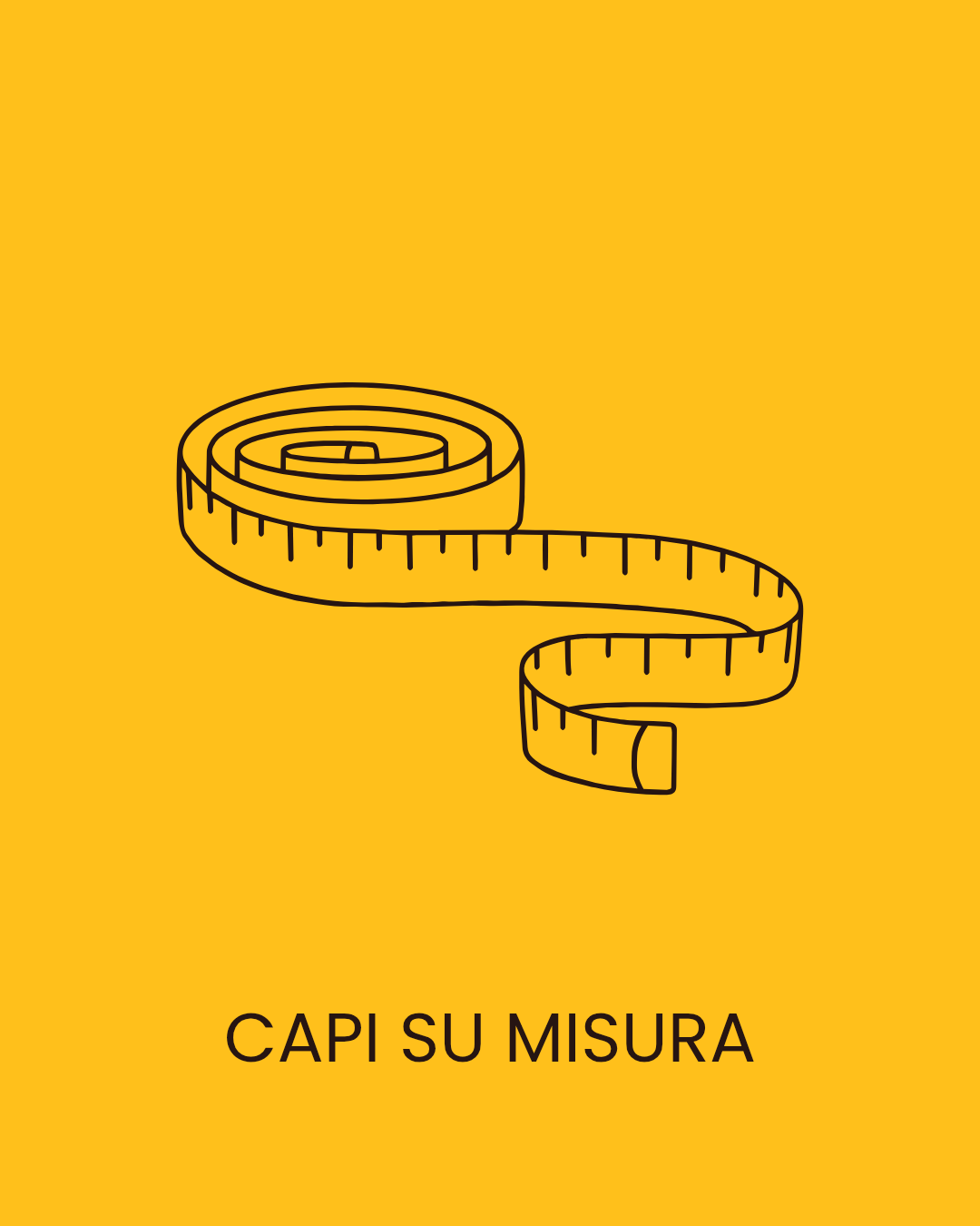 Illustrazione di un metro da sarta e scritta che dice "capi su misura"