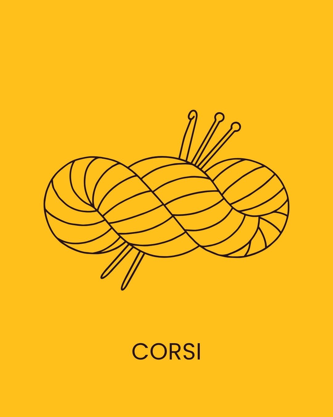 illustrazione di una matassa di filato con ferri e uncinetto con una scritta che dice "corsi"