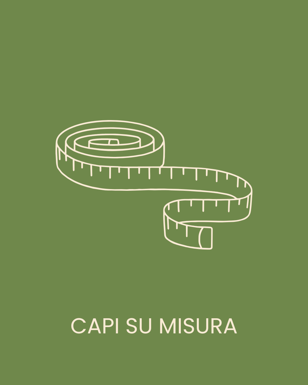 Illustrazione di un metro da sarta arrotolato, sotto la scritta "capi su misura"
