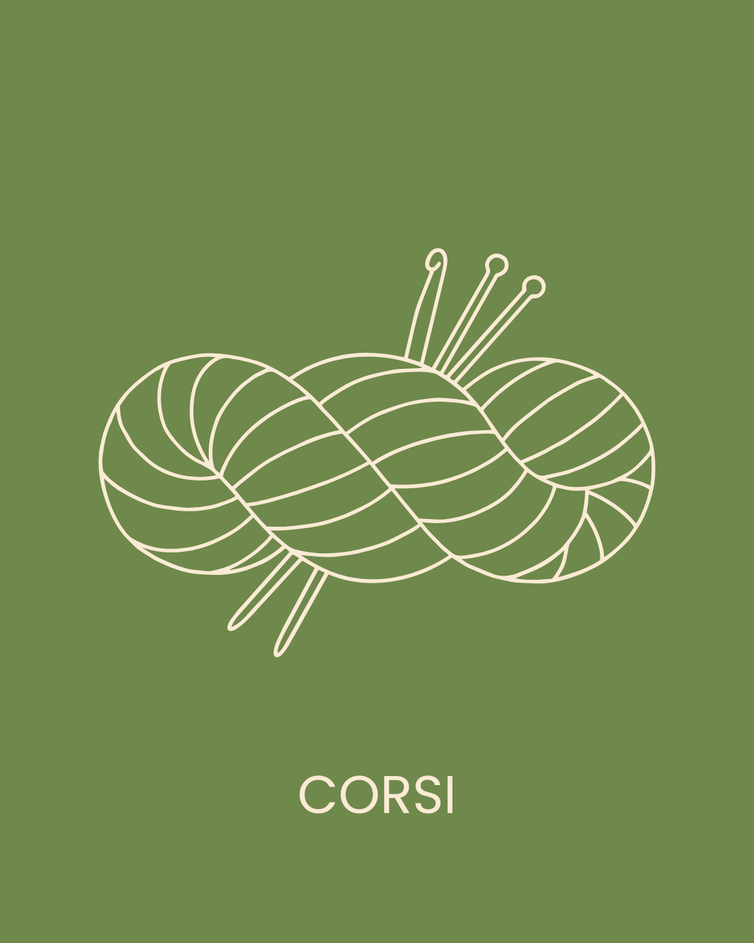 Illustrazione di una matassa con ferri e uncinetto, sotto la scritta "corsi"